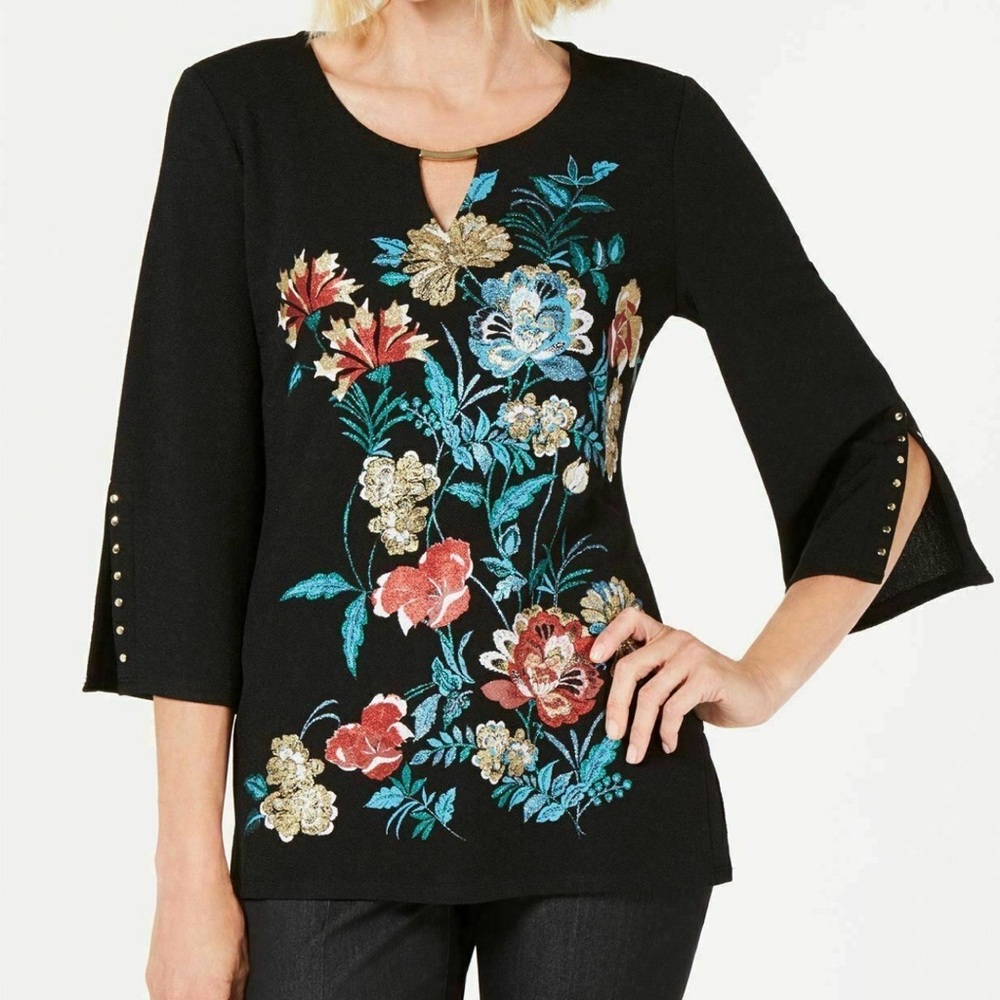 JM collection Floral glittery Embroidered Black 3/4 sleeves Top size S